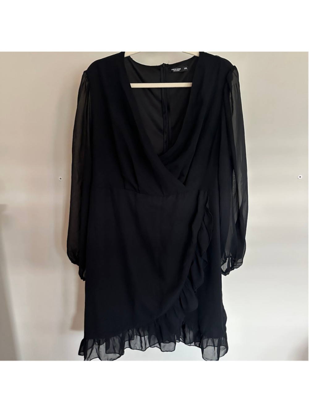 Women's SHEIN Black Sheer Dress V Neck Ruffles Wrap Style Size 1XL
